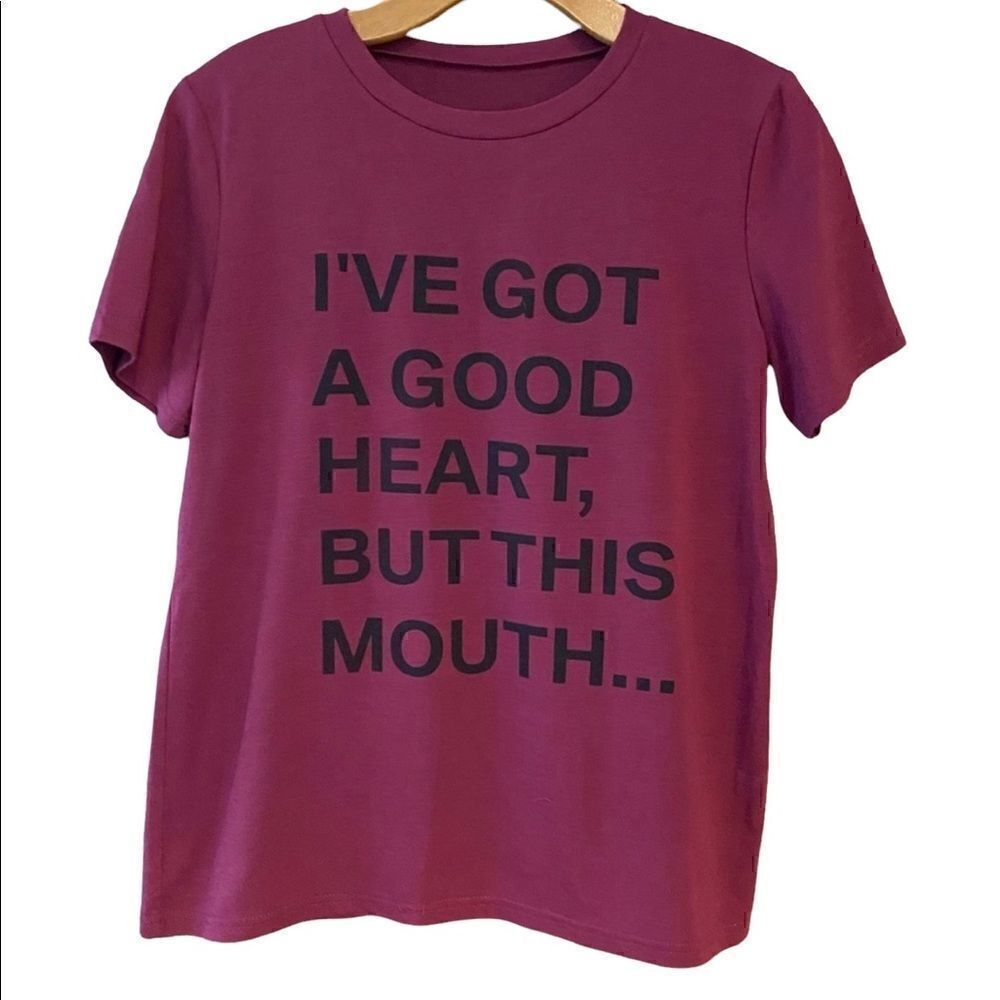 Novelty Women’s L Purple “Good Heart, This Mouth” Fun Novelty Whimsical T-Shirt